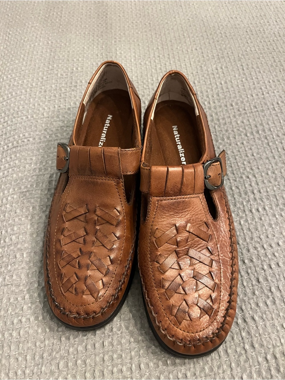 Naturalizer Women’s Cognac Leather Woven Buckle Slip-On Loafers